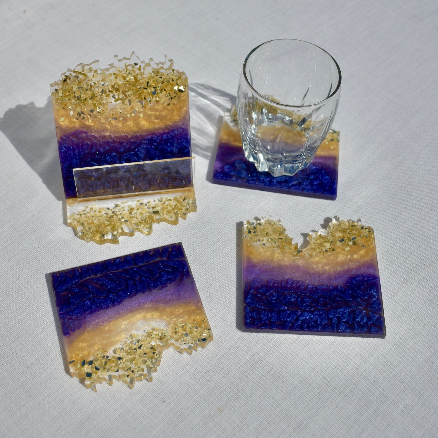 7 Piece Fancy Purple & Gold Coaster Set w Holder