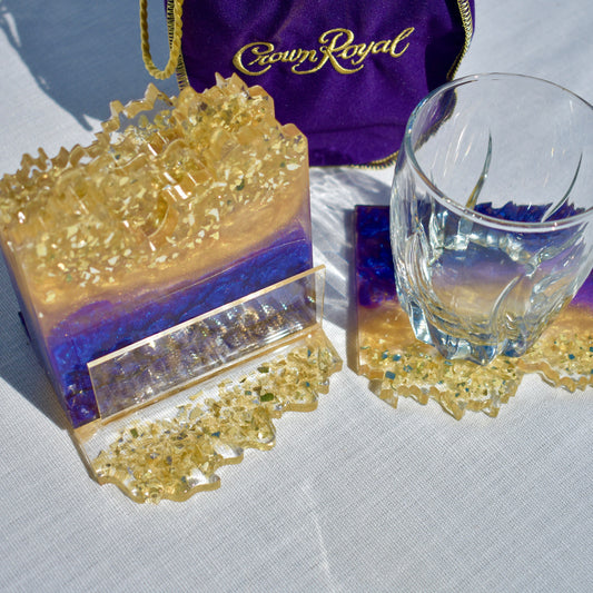 7 Piece Fancy Purple & Gold Coaster Set w Holder