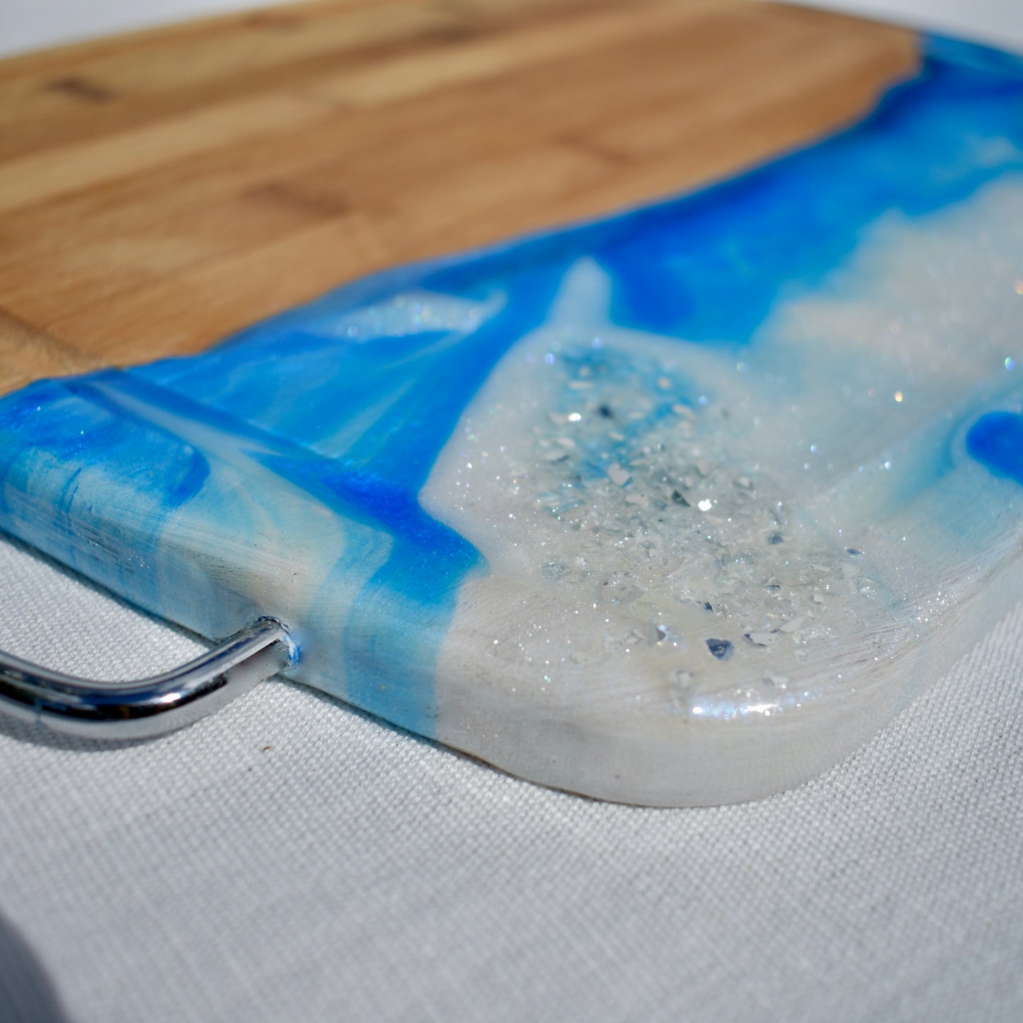 Blue & White Bamboo Charcuterie Board with Metal handles