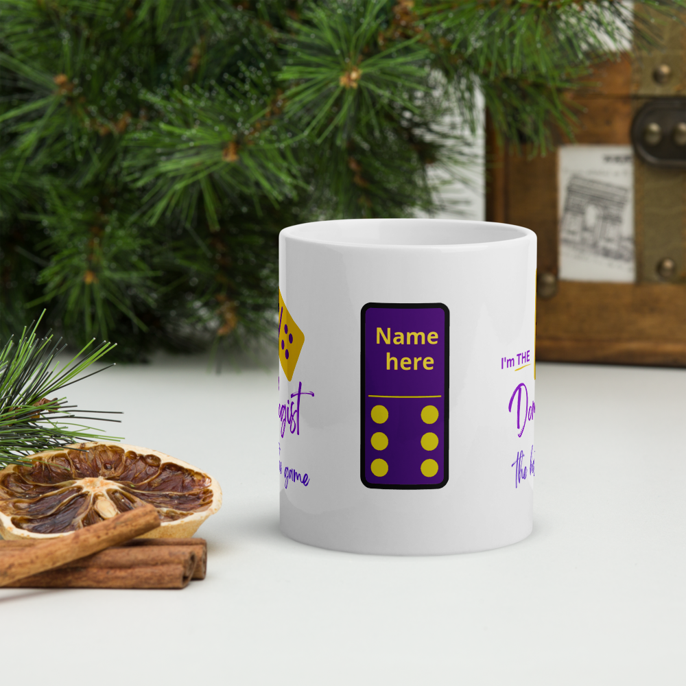 Personalizable “Dominologist” Mug • Purple & Gold Dominoes Coffee Mug • Dominoes Gift Mug