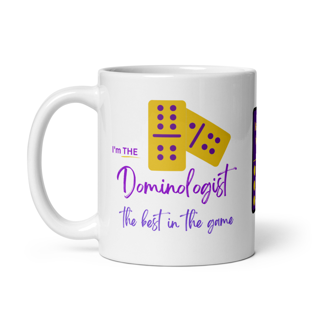 Personalizable “Dominologist” Mug • Purple & Gold Dominoes Coffee Mug • Dominoes Gift Mug