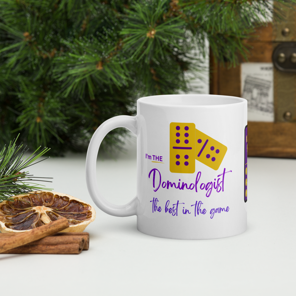 Personalizable “Dominologist” Mug • Purple & Gold Dominoes Coffee Mug • Dominoes Gift Mug