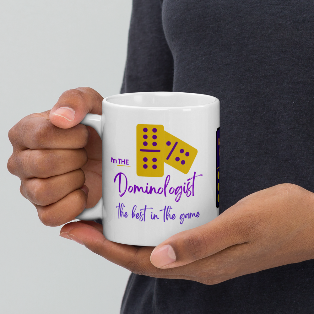 Personalizable “Dominologist” Mug • Purple & Gold Dominoes Coffee Mug • Dominoes Gift Mug