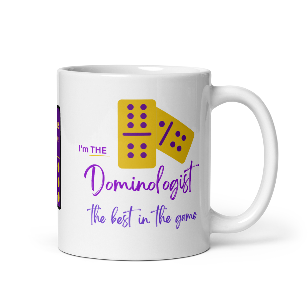 Personalizable “Dominologist” Mug • Purple & Gold Dominoes Coffee Mug • Dominoes Gift Mug