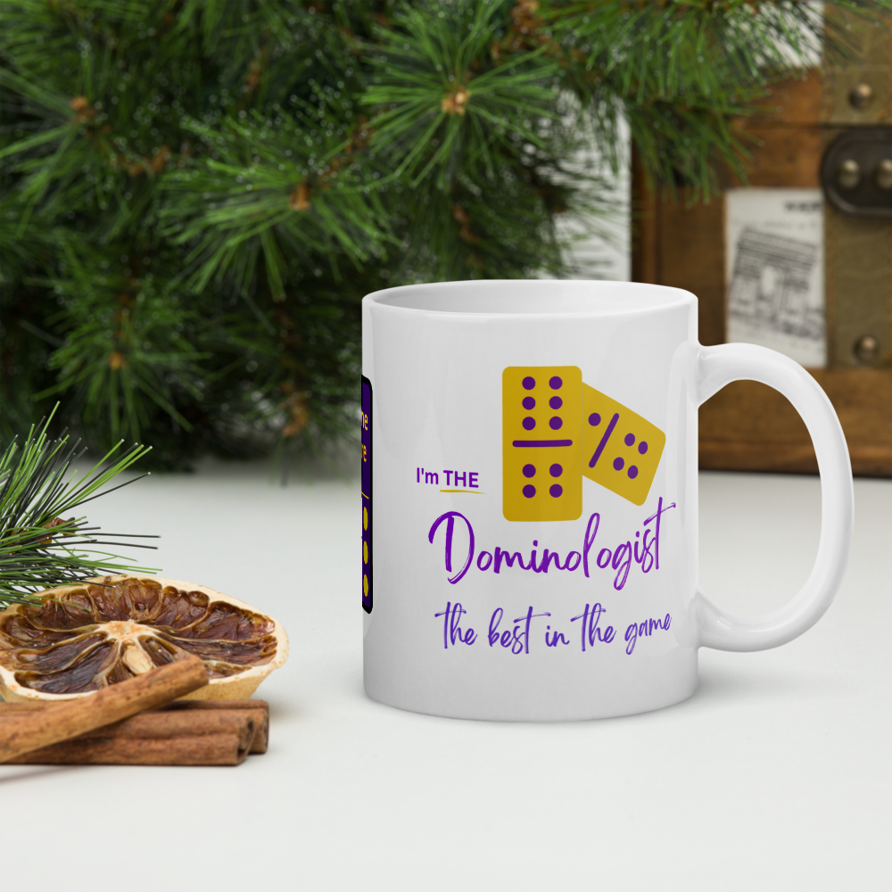 Personalizable “Dominologist” Mug • Purple & Gold Dominoes Coffee Mug • Dominoes Gift Mug