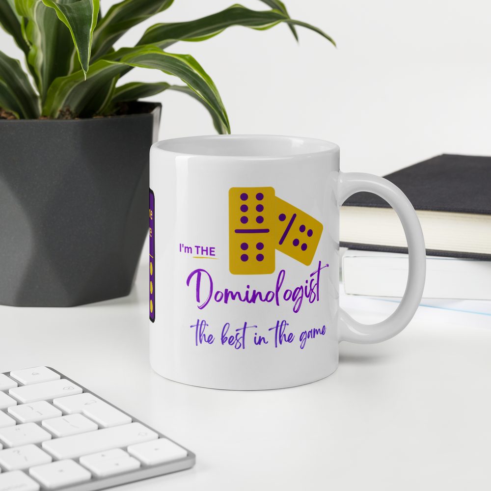 Personalizable “Dominologist” Mug • Purple & Gold Dominoes Coffee Mug • Dominoes Gift Mug